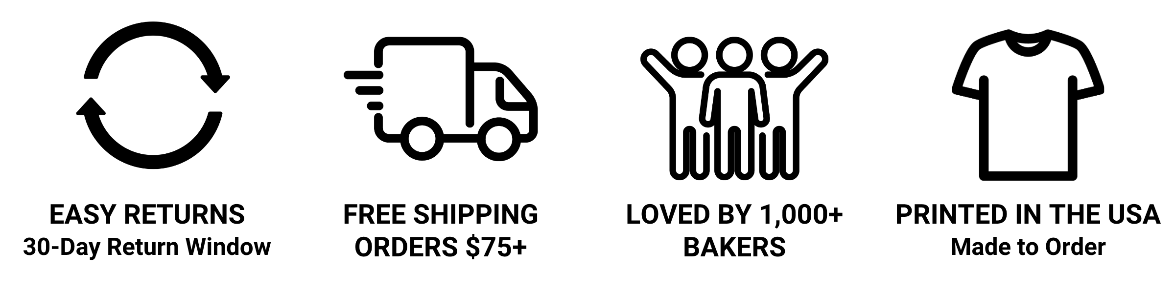 Trust Badges - 30 Day Returns, Free Shipping, Loved by 1000+ Bakers, Printed in USA